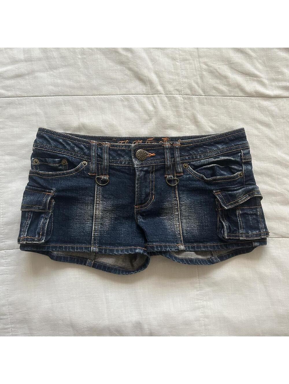 Japanese brand Low Rise Cargo Denim Micro Shorts Blue XXS Japan Y2K